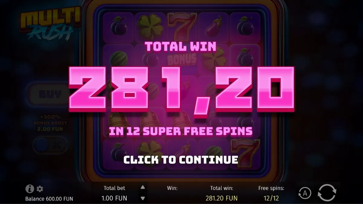 Interface vibrante e neon do slot Multi Rush da BGaming