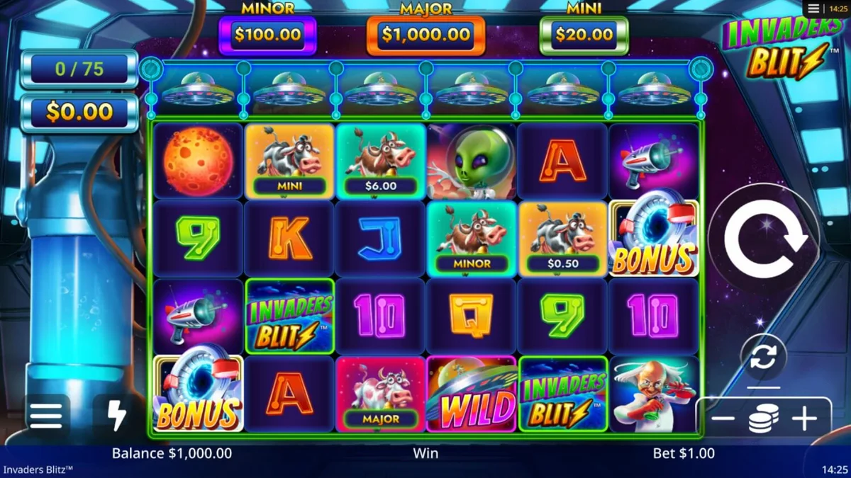 Interface do jogo Invaders Blitz com tema espacial e vacas alienígenas